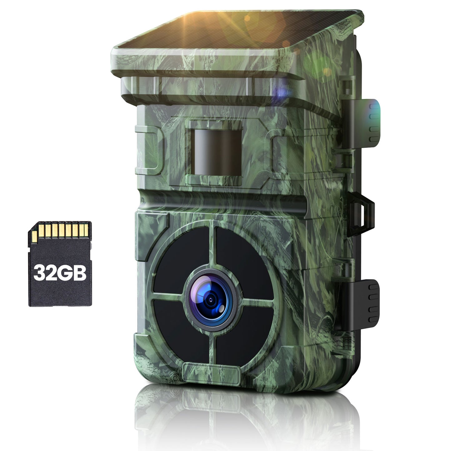 Caméra de chasse solaire CAMPARK avec carte SD 24 MP 1080 P 2500 mAh Batterie au lithium intégrée Caméra de chasse à la faune rechargeable avec vision nocturne IP66 étanche 0,1 s Activation par mouvement - Pas de WIFI