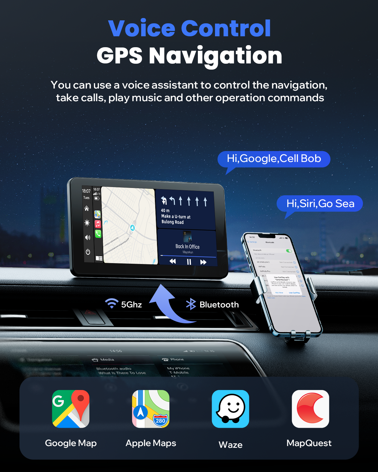 Autoradio portable sans fil TOGUARD Apple Carplay avec Airplay, écran tactile HD 7" Android Auto pour voitures, récepteur radio de voiture avec Bluetooth, FM, AUX, commande vocale, navigation GPS pour tous les véhicules 