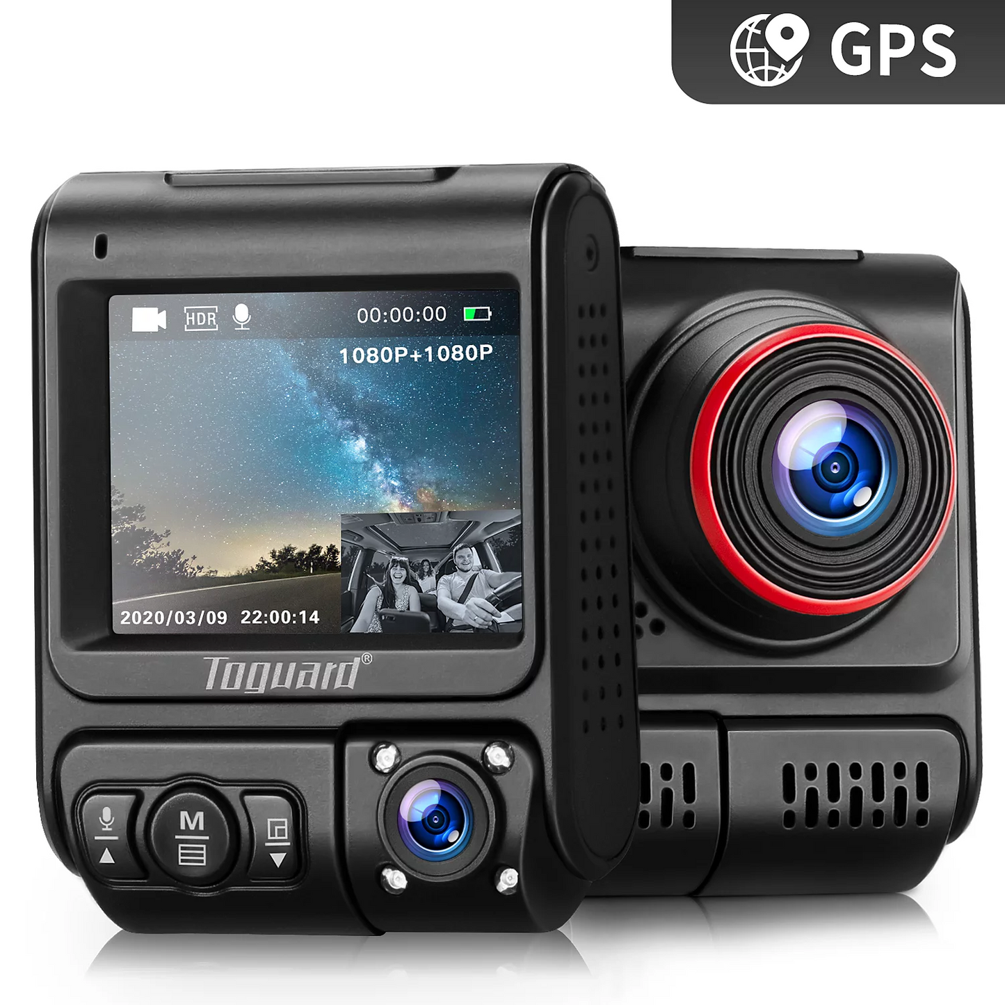 TOGUARD 1080P Dual Dash Cam Front and Inside Car Camera for Taxi with GPS, Dash Camera Driving Recorder with Infrared Night Vision Loop Recording, Parking Monitor