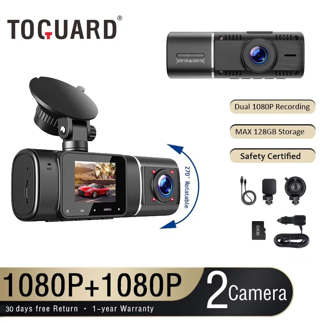 TOGUARD デュアル ダッシュ カム フロントと車内 1080P ダッシュ カメラ 64GB SD カード付き IR ナイトビジョン 車載カメラ タクシー 事故 ロック 駐車監視 2 つの取り付けオプション