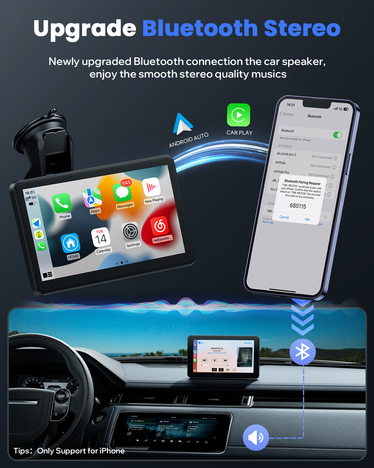 Autoradio portable sans fil TOGUARD Apple Carplay avec Airplay, écran tactile HD 7" Android Auto pour voitures, récepteur radio de voiture avec Bluetooth, FM, AUX, commande vocale, navigation GPS pour tous les véhicules 