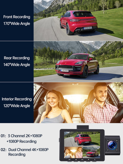 TOGUARD 4K Dash Cam Front and Rear Inside, 3 Channel Dashcam 4K+1080P Dash Camera, Triple Car Camera 2K+1080P+1080P with IR Night Vision, WDR,G-Sensor, Parking Monitor