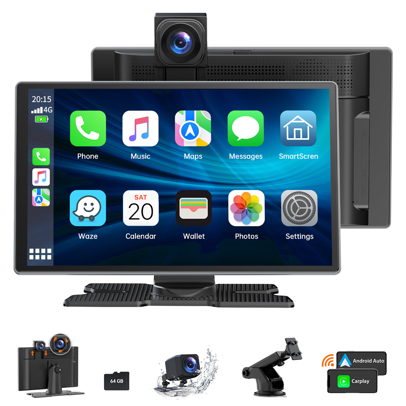 Autoradio sans fil LAMTTO 9 pouces avec Apple Carplay et caméra de recul 1080P, écran tactile portable, navigation GPS pour voiture, récepteurs audio de voiture avec lien miroir, Android Auto, Bluetooth, FM, Siri