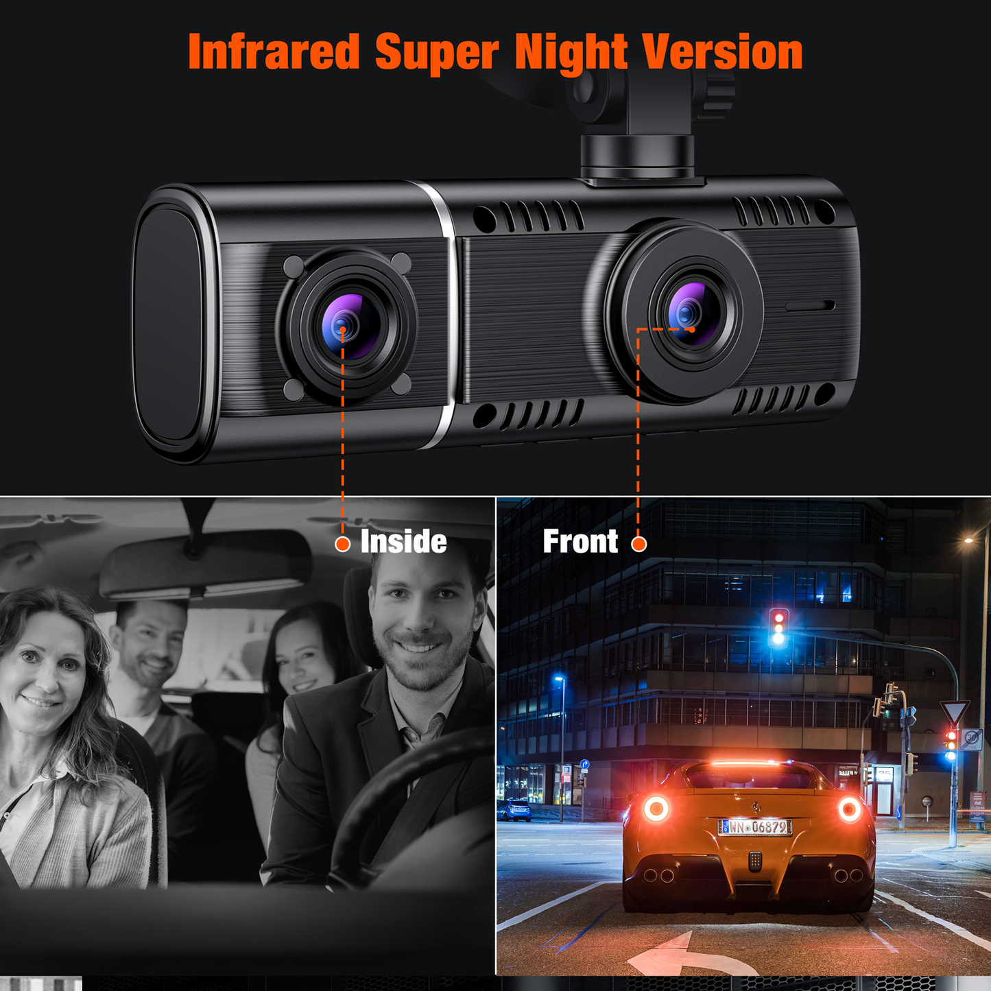 TOGUARD 3 Channel Dash Cam 1080P Dash Cam Front and Rear， with 64GB SD Card Infrared Night Vision Car Camera, WDR, Emergency Lock, Parking Monitor