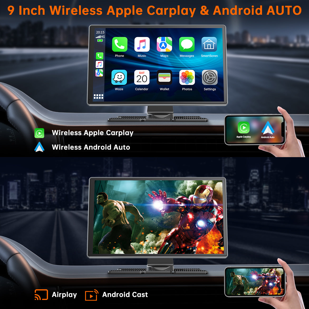 LAMTTO 9 Inch Wireless Car Stereo with Apple Carplay & 1080P Reverse Camera,Portable Touch Screen Car Play GPS Navigation for Car,Car Audio Receivers with Mirror Link, Android Auto, Bluetooth,FM, Siri