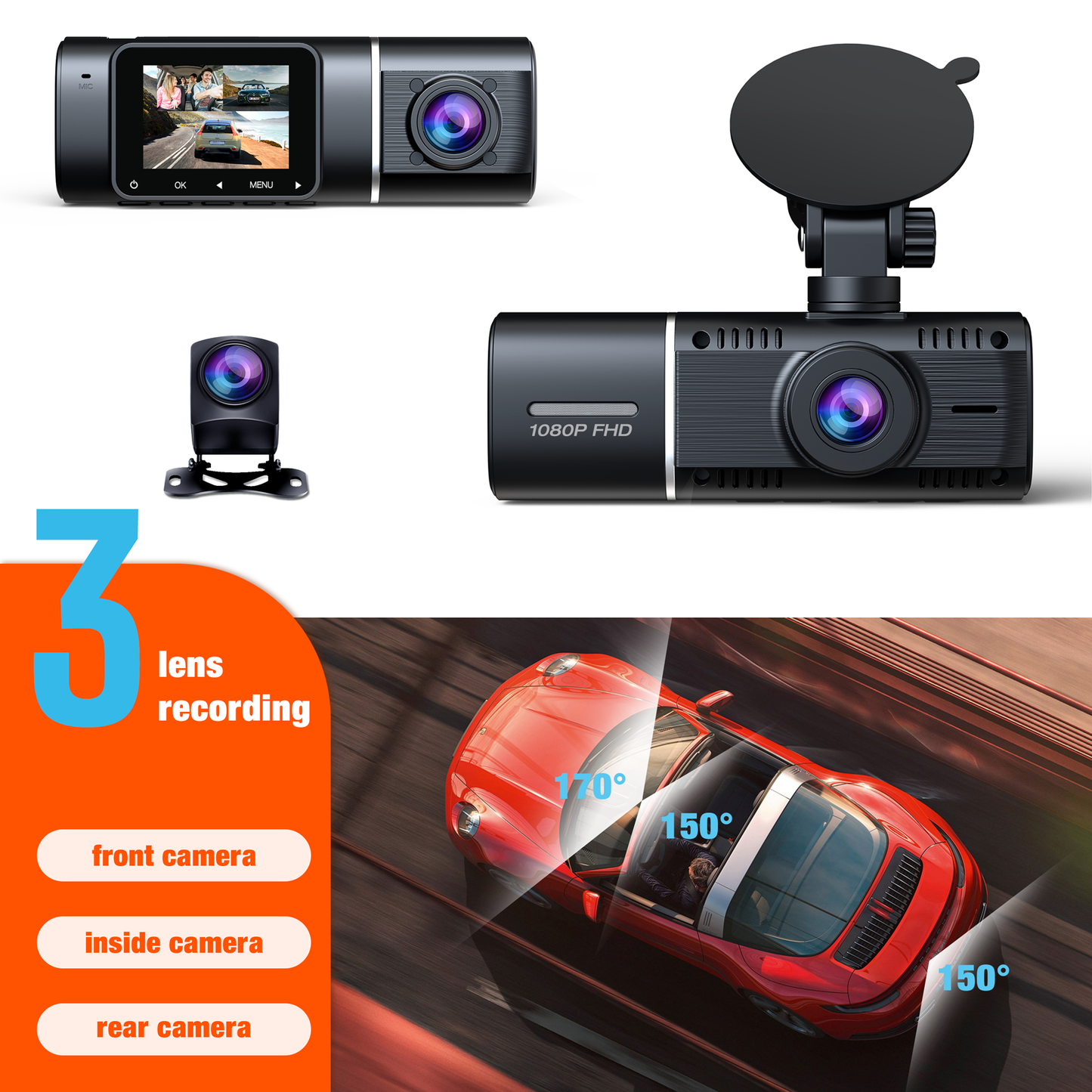 TOGUARD 3 Channel Dash Cam 1080P Dash Cam Front and Rear， with 64GB SD Card Infrared Night Vision Car Camera, WDR, Emergency Lock, Parking Monitor