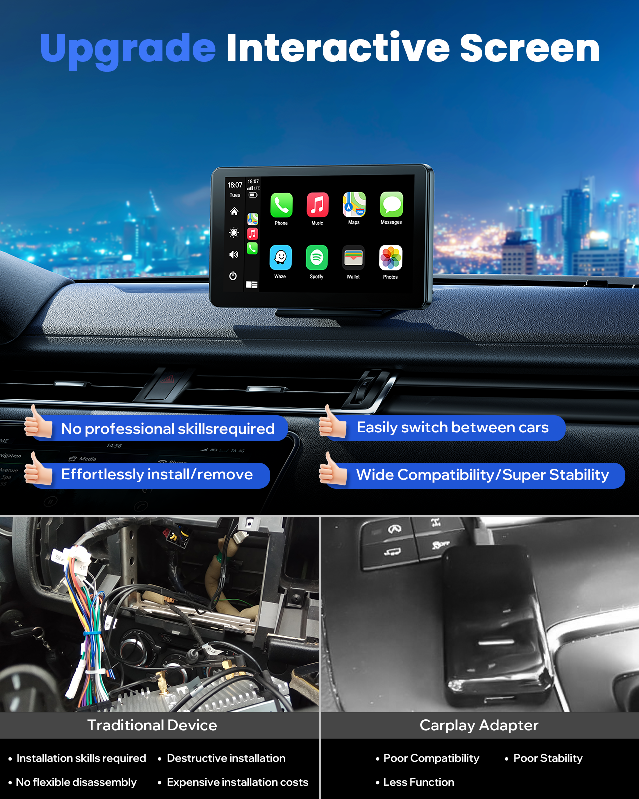 Autoradio portable sans fil TOGUARD Apple Carplay avec Airplay, écran tactile HD 7" Android Auto pour voitures, récepteur radio de voiture avec Bluetooth, FM, AUX, commande vocale, navigation GPS pour tous les véhicules 