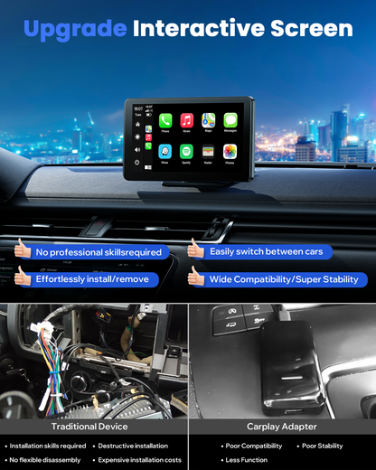 Autoradio portable sans fil TOGUARD Apple Carplay avec Airplay, écran tactile HD 7" Android Auto pour voitures, récepteur radio de voiture avec Bluetooth, FM, AUX, commande vocale, navigation GPS pour tous les véhicules 