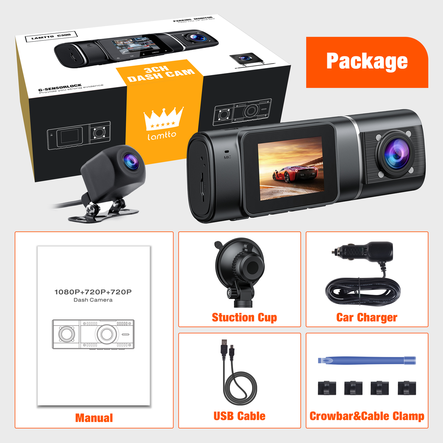 TOGUARD 3 Channel Dash Cam 1080P Dash Cam Front and Rear， with 64GB SD Card Infrared Night Vision Car Camera, WDR, Emergency Lock, Parking Monitor