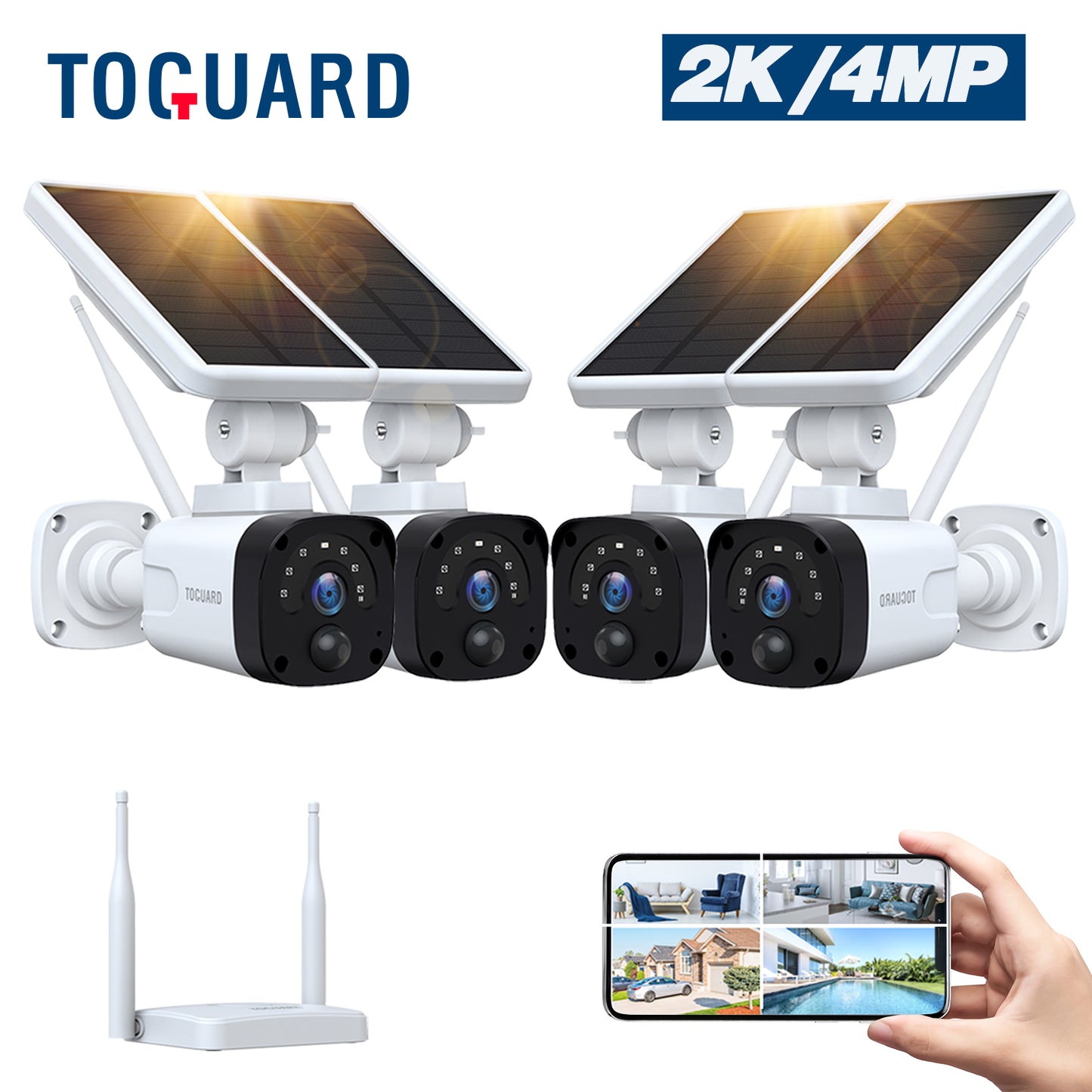 Toguard SC14 2K/4MP ソーラーセキュリティカメラシステム 屋外 WiFi バレット監視カメラ ベースステーション ワイヤレスコネクタ付き