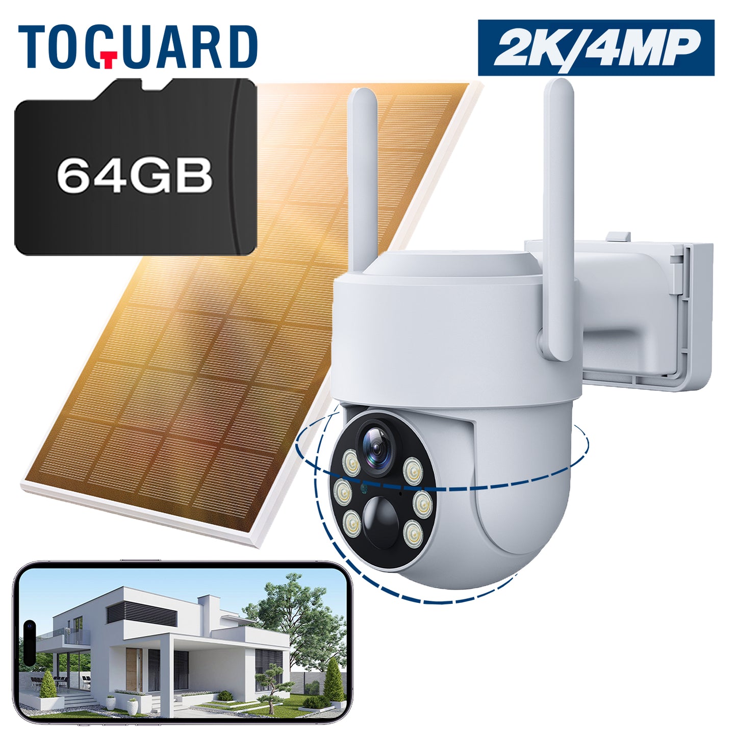 Caméra de sécurité extérieure sans fil WiFi solaire Toguard SC21 2K/4MP Caméra dôme PTZ 