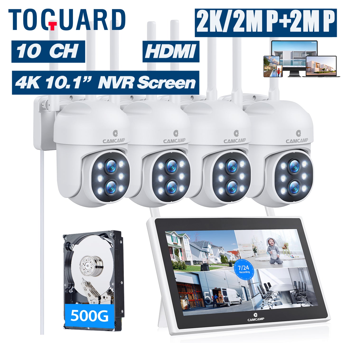 Toguard SC37 10CH 有線セキュリティカメラシステム 屋外用 500G ハードドライブ、2K 10.1インチ LCD NVR モニター、4台の 1080P PTZ IP セキュリティ監視カメラ デュアルレンズ、ワイヤレス WiFi シガル