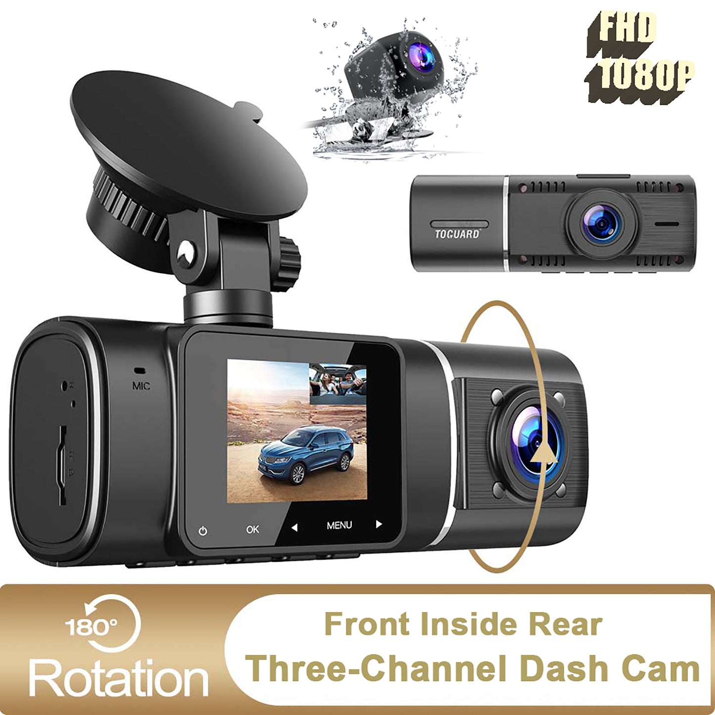 Dash Cam Front Rear Inside, TOGUARD 1080P Dash Camera Infrared Night Vision Car Camera