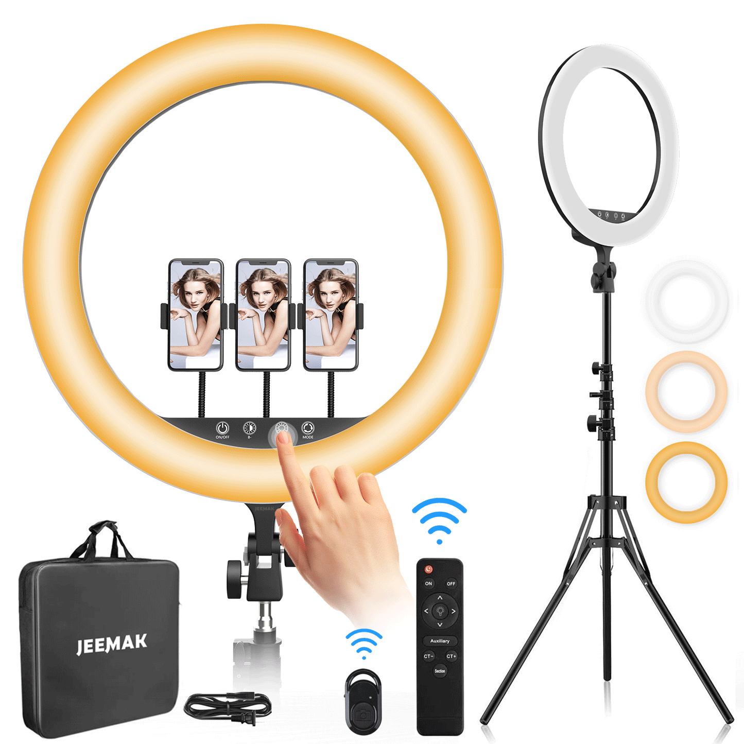 JEEMAK 18 Inch Ring Light with Stand, 45cm Outer 55W 5700K, Dimmable Selfie LED Ring Light with 3 Phone Holder, 73‘’ Tripod Stand, for Portrait, Video Shooting, Youtube, Live Stream, CRI 95