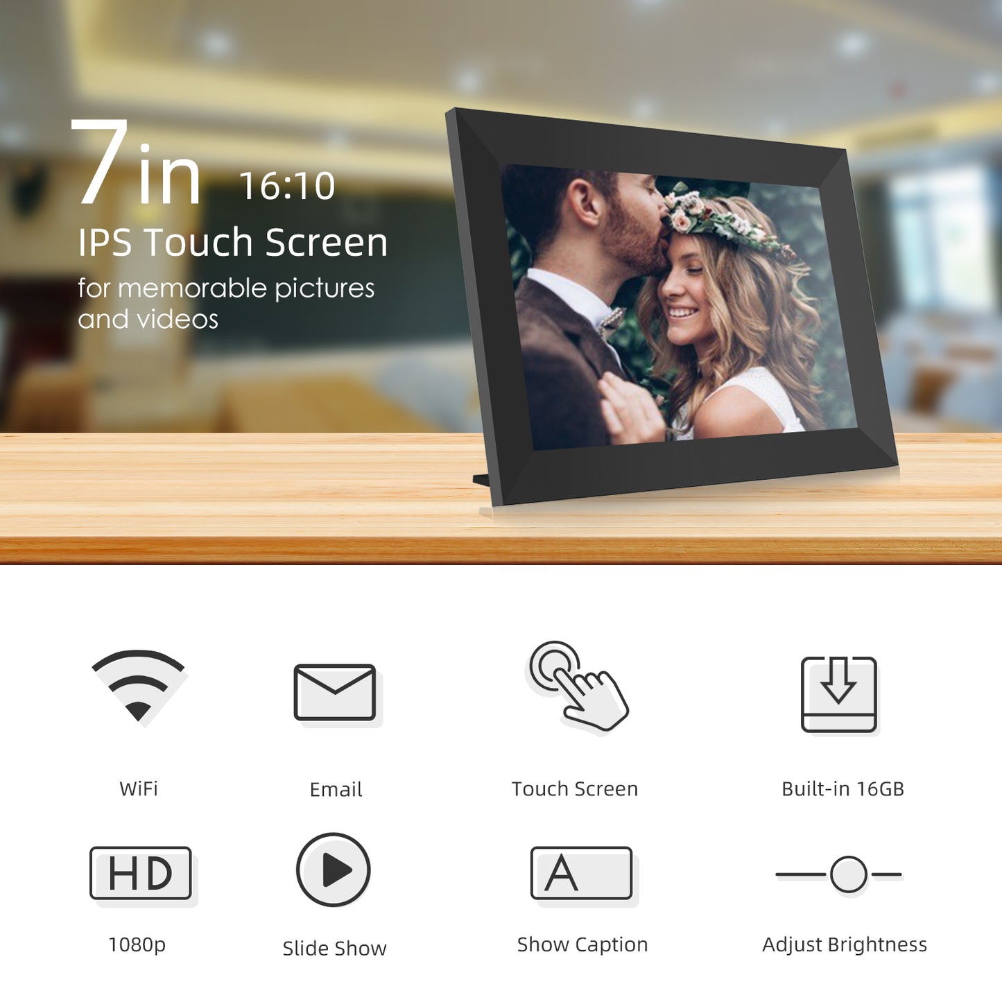 Cadre photo numérique intelligent JEEMAK 10" WiFi HD IPS Écran tactile Stockage intégré de 16 Go Rotation automatique Partage facile de photos/vidéos via l'application, e-mail