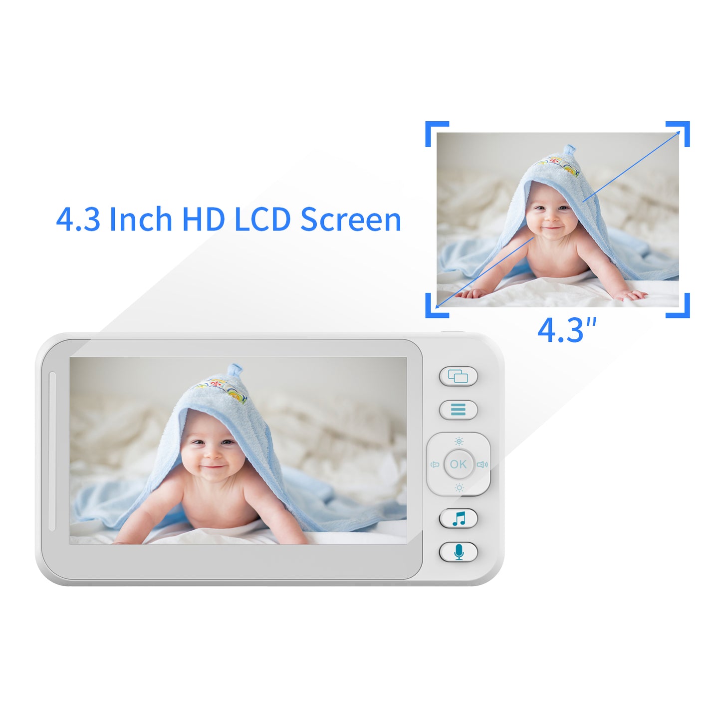 Moniteur vidéo pour bébé CAMPARK avec caméra et audio, écran 4,3 pouces avec vision nocturne, conversation audio bidirectionnelle, mode VOX, 8 berceuses, capteur de température, longue portée et surveillance 24 heures sur 24 