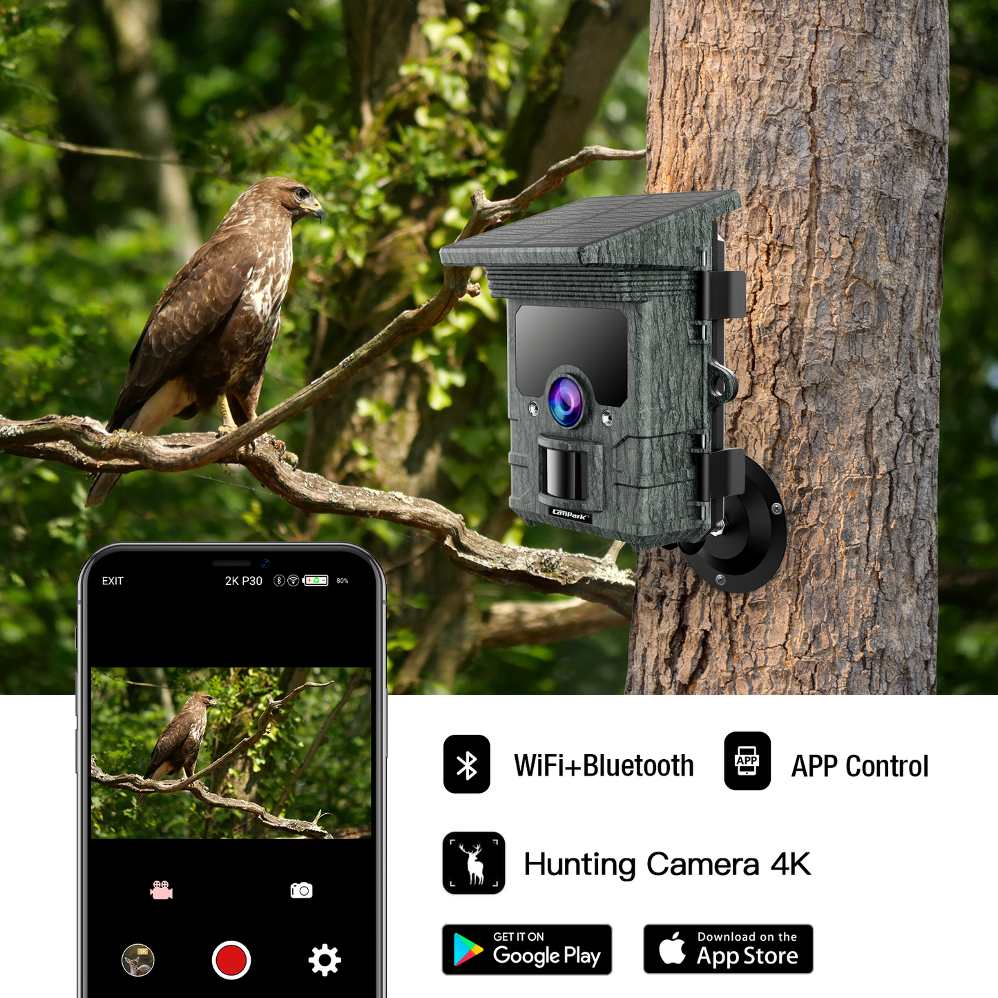 Campark T150 Solar Powered WiFi Bluetooth Trail Camera 2K 24MP