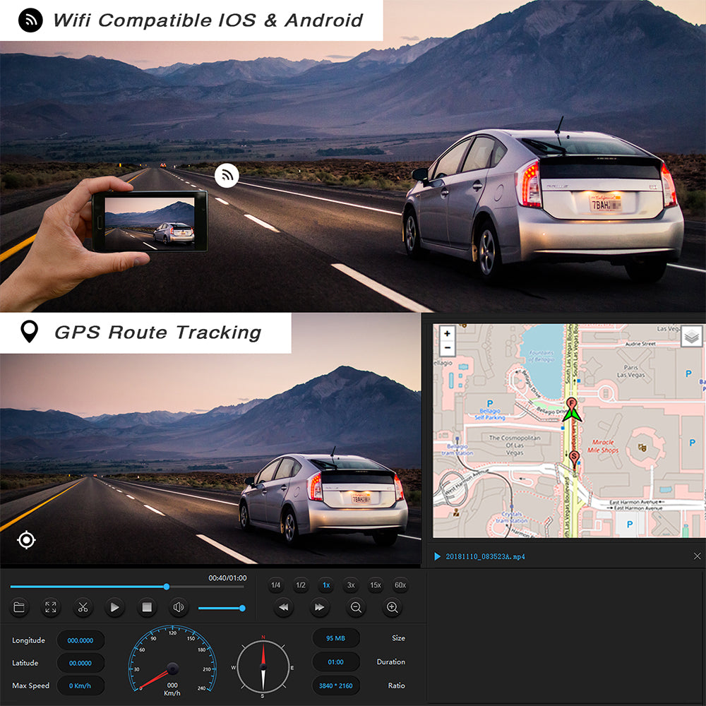 Caméra de tableau de bord 4K avec écran LCD de 3 pouces, enregistreur de tableau de bord de voiture avec WDR, WiFi intégré, GPS, vision nocturne 