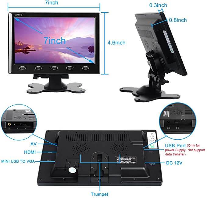 Toguard WR730P 7 Inch IPS HD 1024x600 Computer Display - Toguard camera